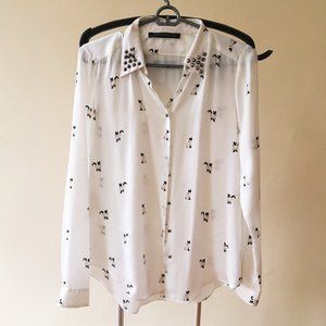 ZARA white black cat metal silver trendy work top blouse Size S 2 or 4